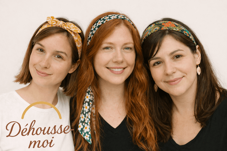 3 femmes portent un modéle de serre tête dehousse Moi, le classic, le noué et le boho 3 femmes portent un modéle de serre tête dehousse Moi, le classic, le noué et le boho