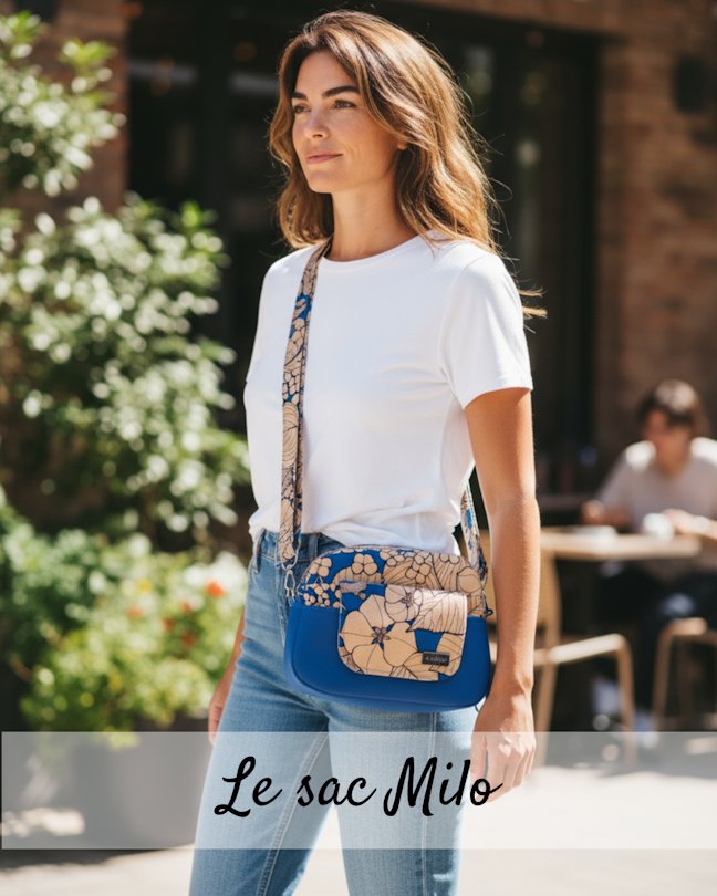 Sac Milo en tissu bi matière simili et toile de coton , porté par une femme, sac à main pratique et confortable fabriqué en France Sac Milo en tissu bi matière simili et toile de coton , porté par une femme, sac à main pratique et confortable fabriqué en France