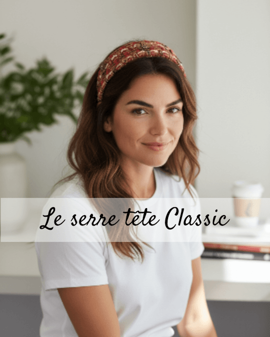 Serre-tête classic déhoussable en tissu imprimé porté par une femme, accessoire cheveux confortable et lavable Serre-tête classic déhoussable en tissu imprimé porté par une femme, accessoire cheveux confortable et lavable