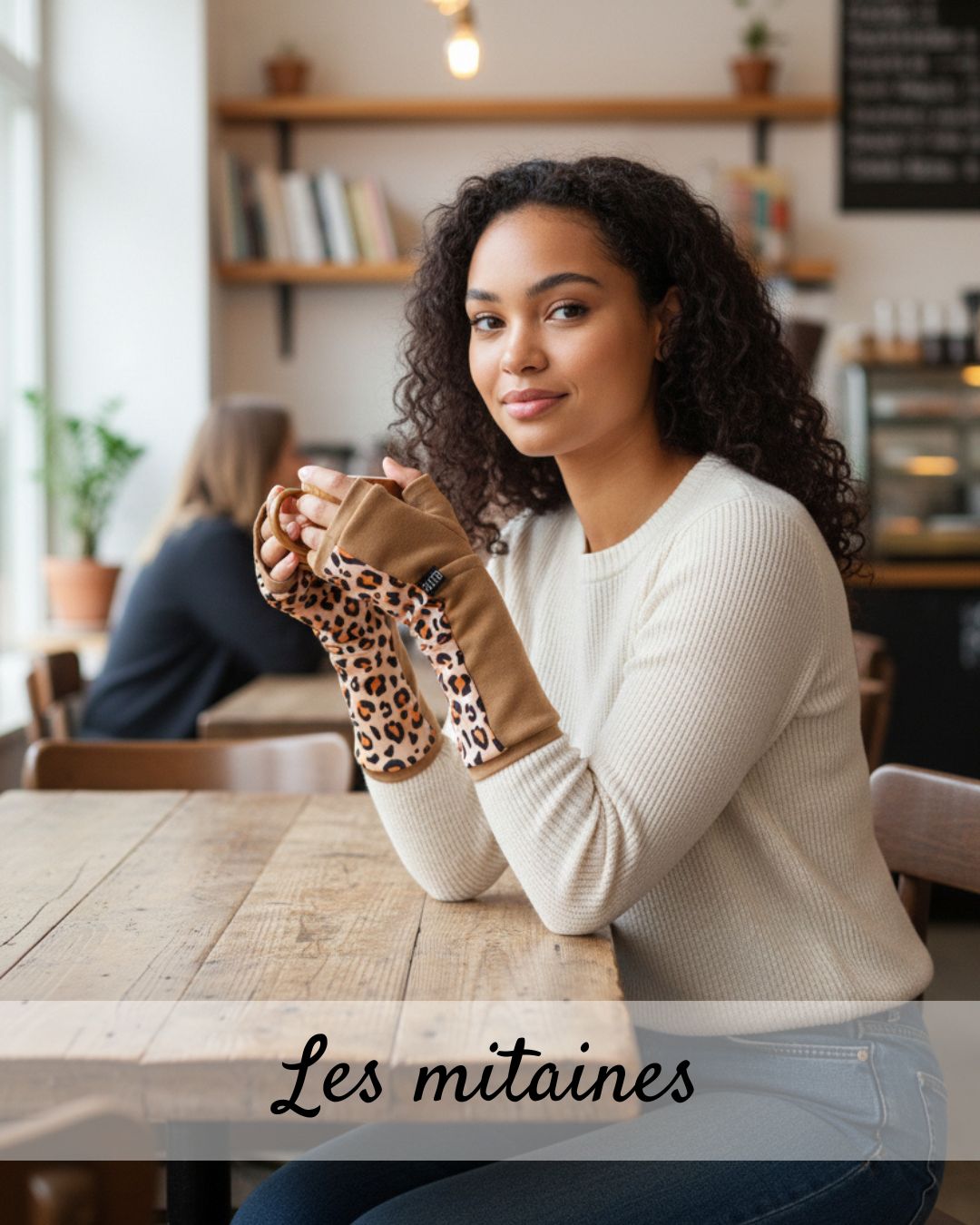 une femme porte des mitaines léopard beige en molleton et boit un café une femme porte des mitaines léopard beige en molleton et boit un café